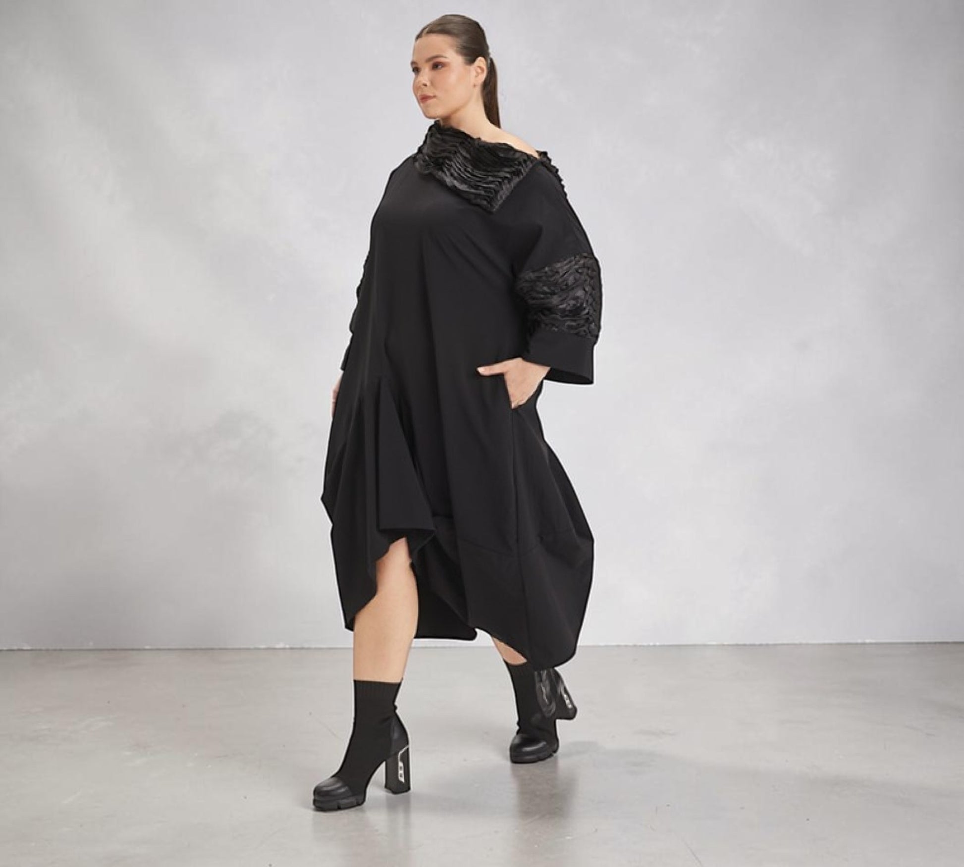 Plus Size Black Asymmetrical Textured Collar Midi Dress - Above the Crowd Boutique