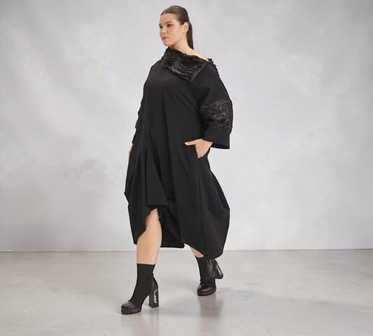 Plus Size Black Asymmetrical Textured Collar Midi Dress - Above the Crowd Boutique