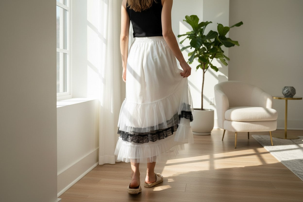 H-4 Layered Tulle & Lace Midi Skirt