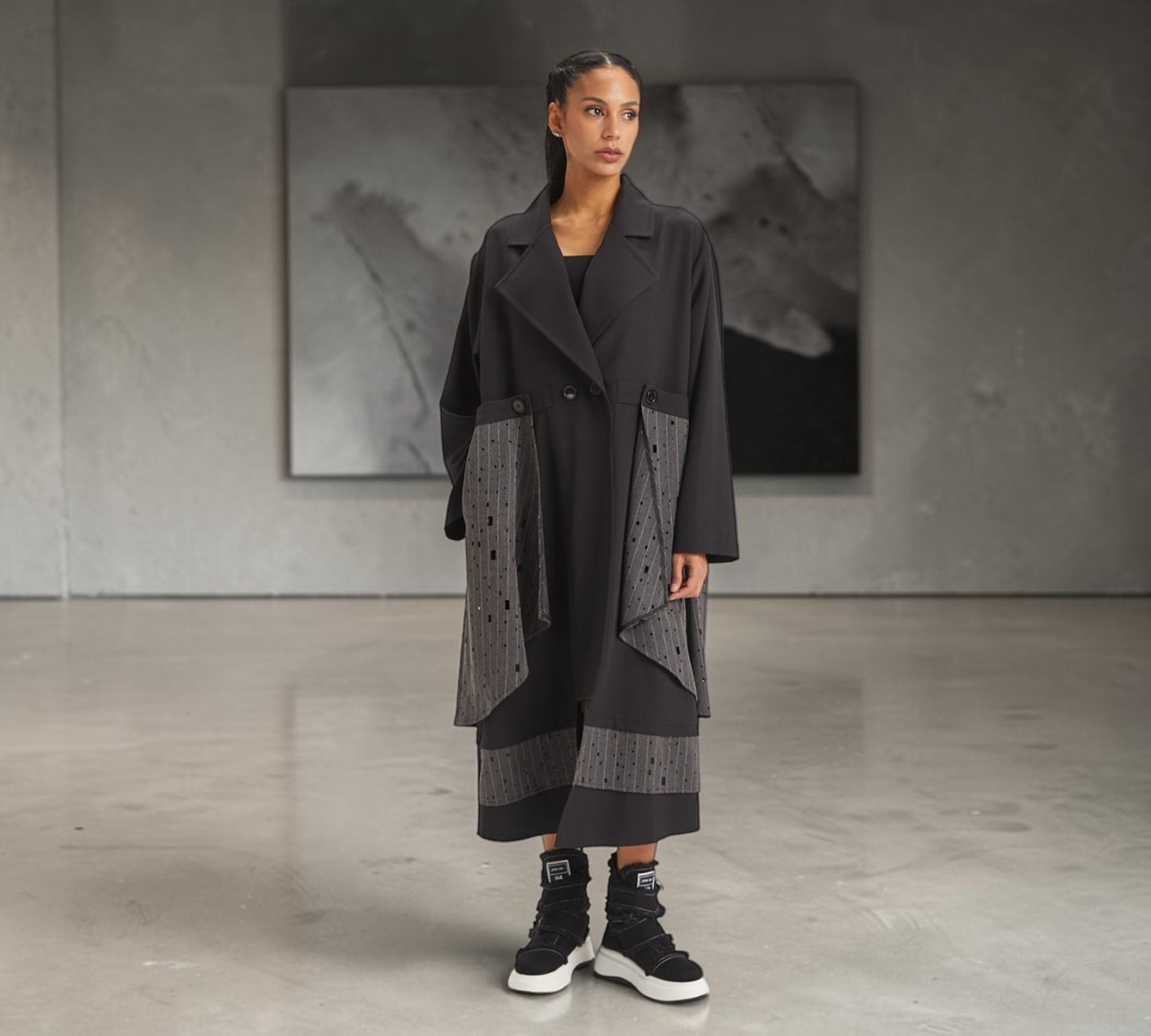 Black & Charcoal Mixed-Media Statement Trench Coat - Above the Crowd Boutique