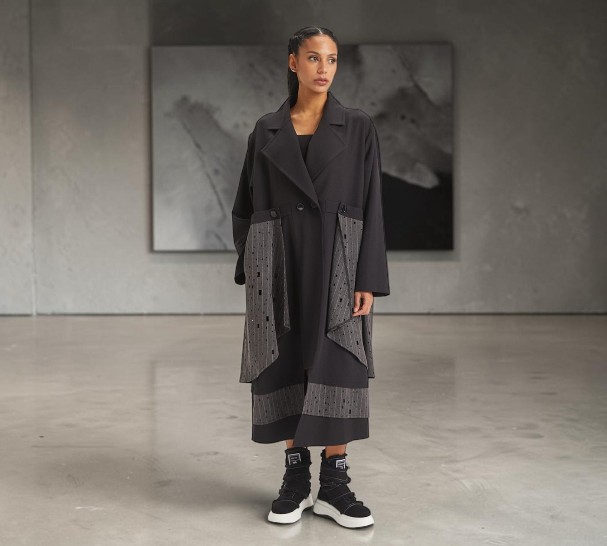 Black & Charcoal Mixed-Media Statement Trench Coat - Above the Crowd Boutique