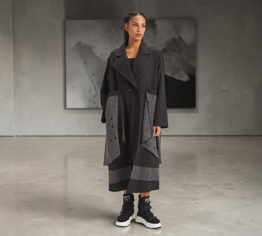 Black & Charcoal Mixed-Media Statement Trench Coat - Above the Crowd Boutique