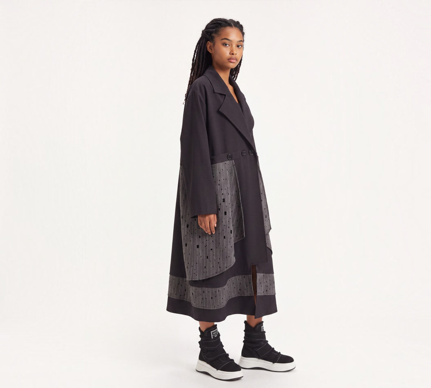 Black & Charcoal Mixed-Media Statement Trench Coat - Above the Crowd Boutique