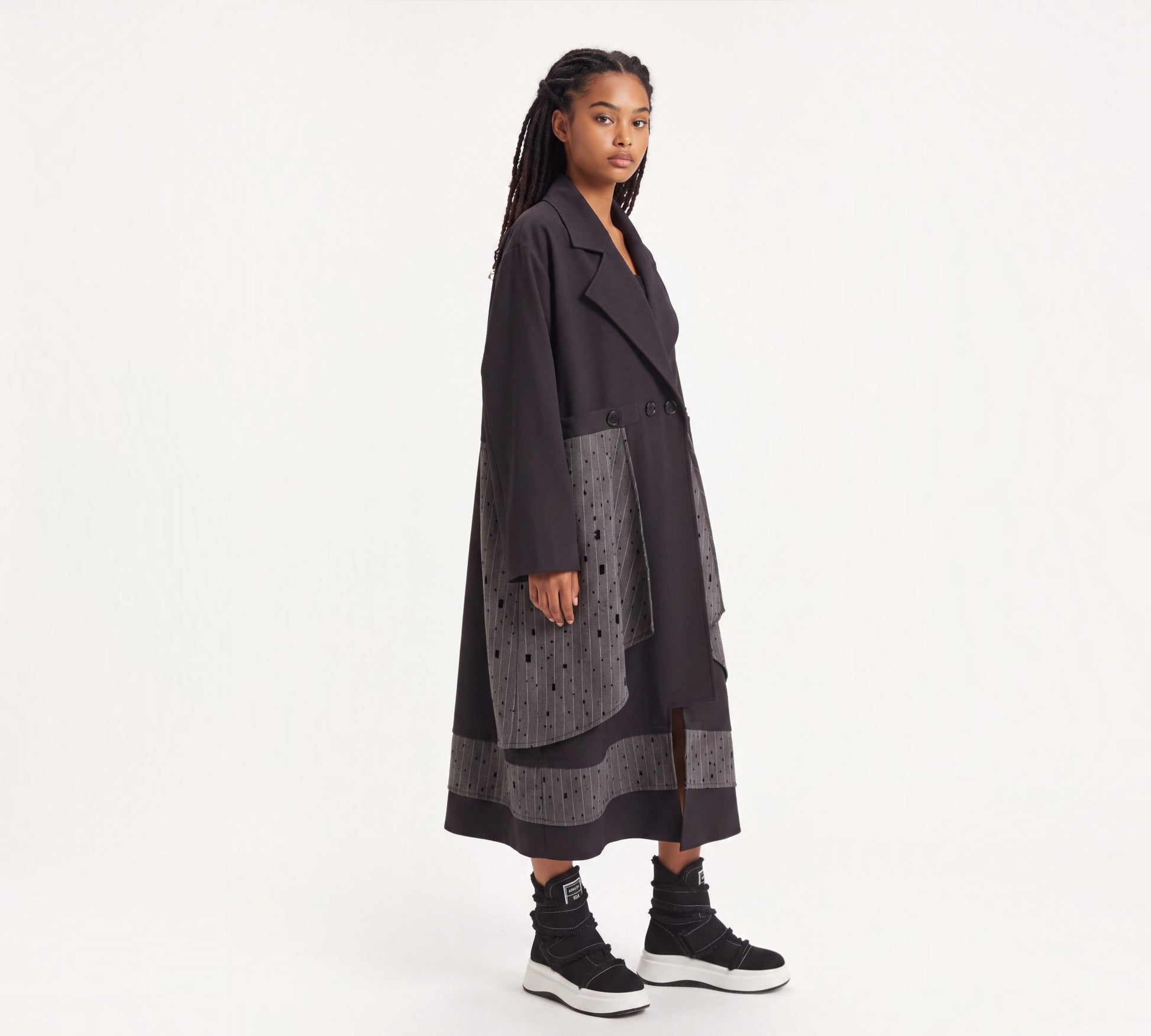 Black & Charcoal Mixed-Media Statement Trench Coat - Above the Crowd Boutique