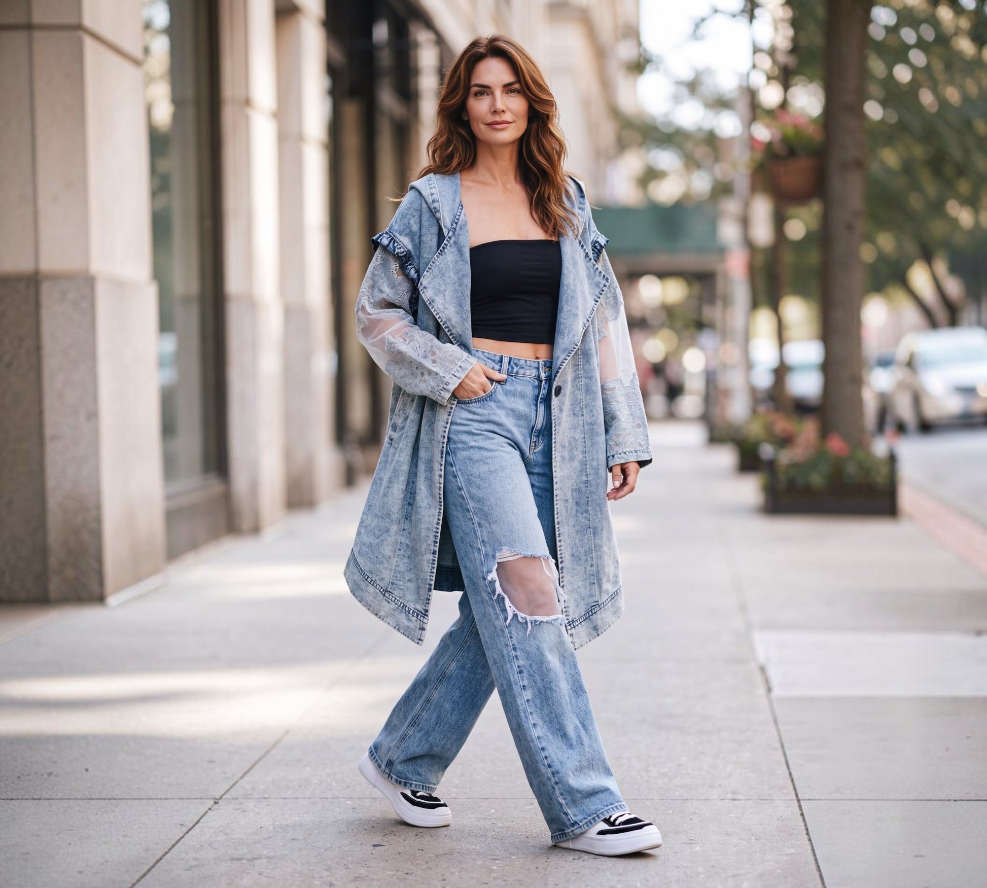 H-4 Acid-Wash Denim Trench Coat with Sheer Floral Lace Sleeves - Above the Crowd Boutique