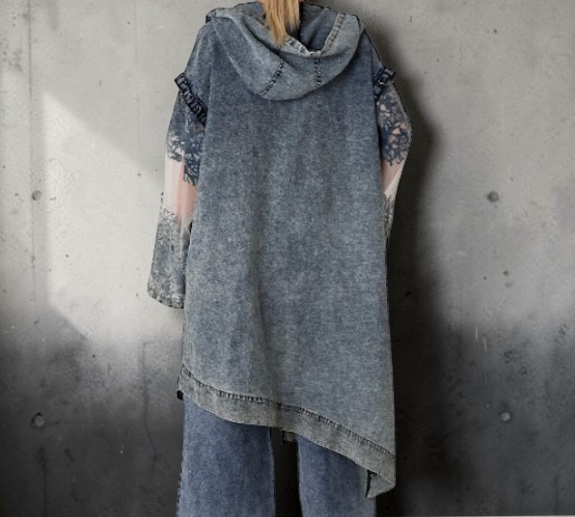 H-4 Acid-Wash Denim Trench Coat with Sheer Floral Lace Sleeves - Above the Crowd Boutique