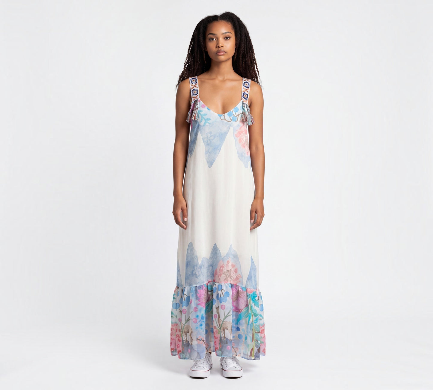 Bohemian Maxi Dress - Artisan Embroidered Straps, Floral Print - Above The Crowd Boutique Karma