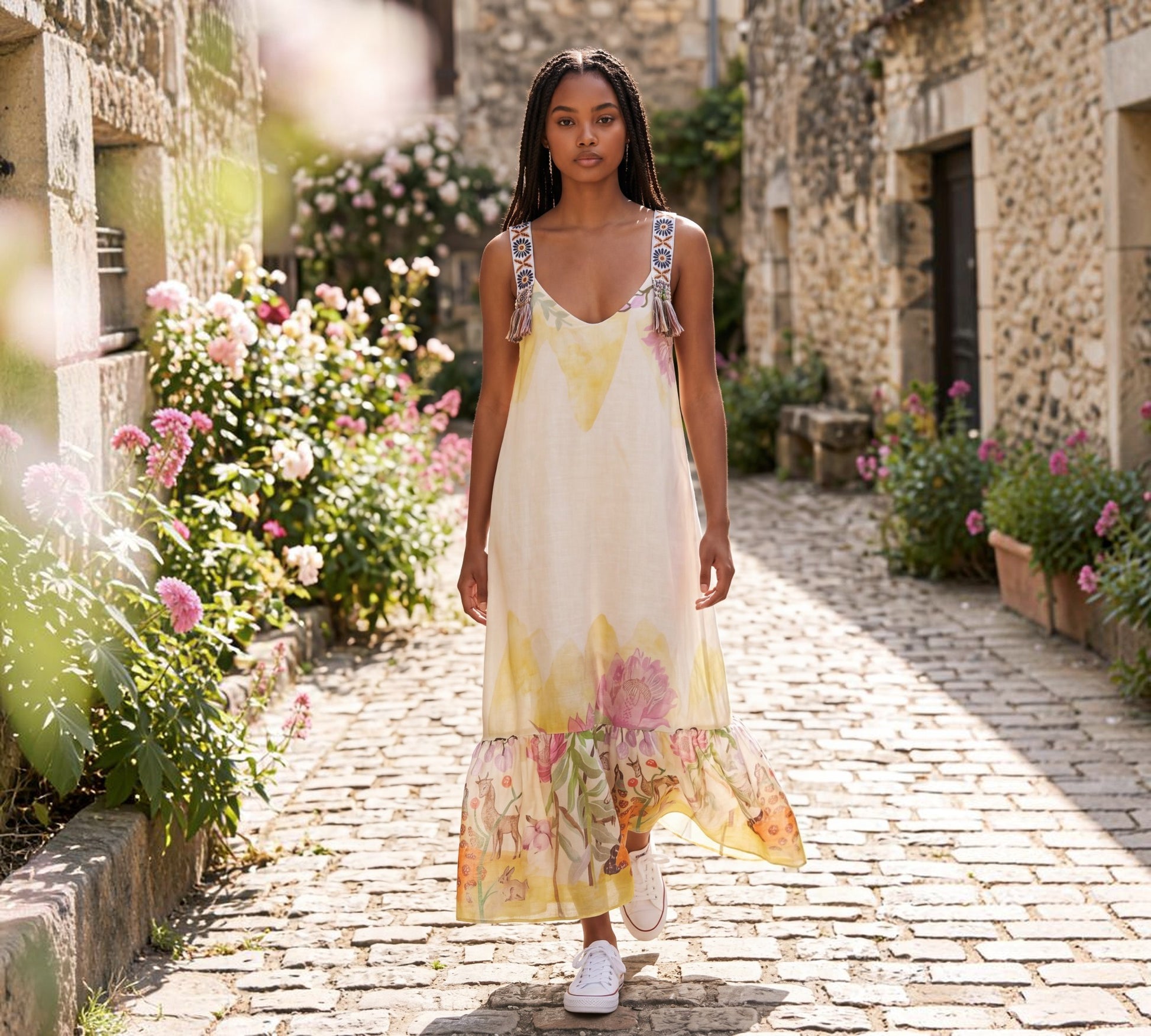 Bohemian Maxi Dress - Artisan Embroidered Straps, Floral Print - Above The Crowd Boutique Karma