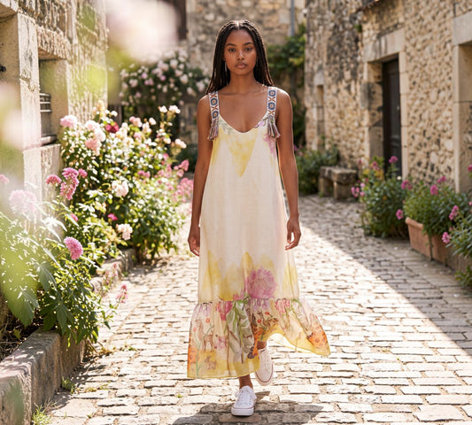 Bohemian Maxi Dress - Artisan Embroidered Straps, Floral Print - Above The Crowd Boutique Karma