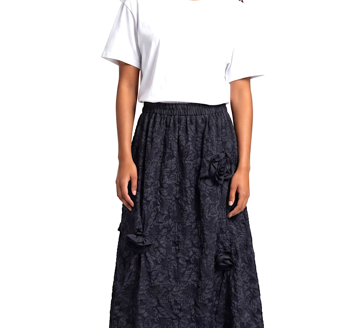 Black Textured Maxi Skirt with Floral Accents - Elegant European Style | Above The Crowd Boutique