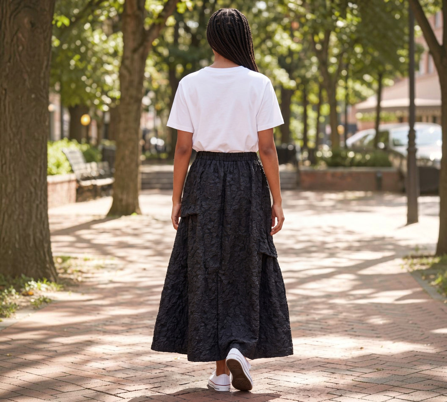 Black Textured Maxi Skirt with Floral Accents - Elegant European Style | Above The Crowd Boutique