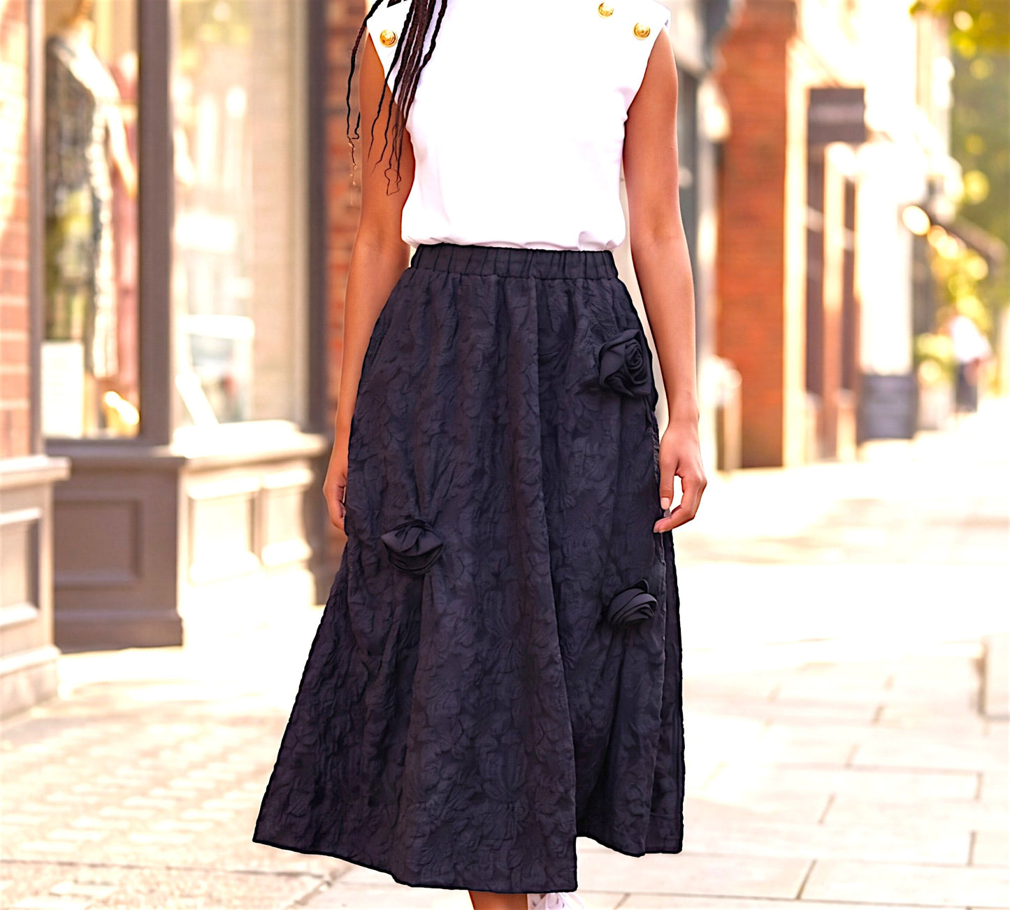 Black Textured Maxi Skirt with Floral Accents - Elegant European Style | Above The Crowd Boutique