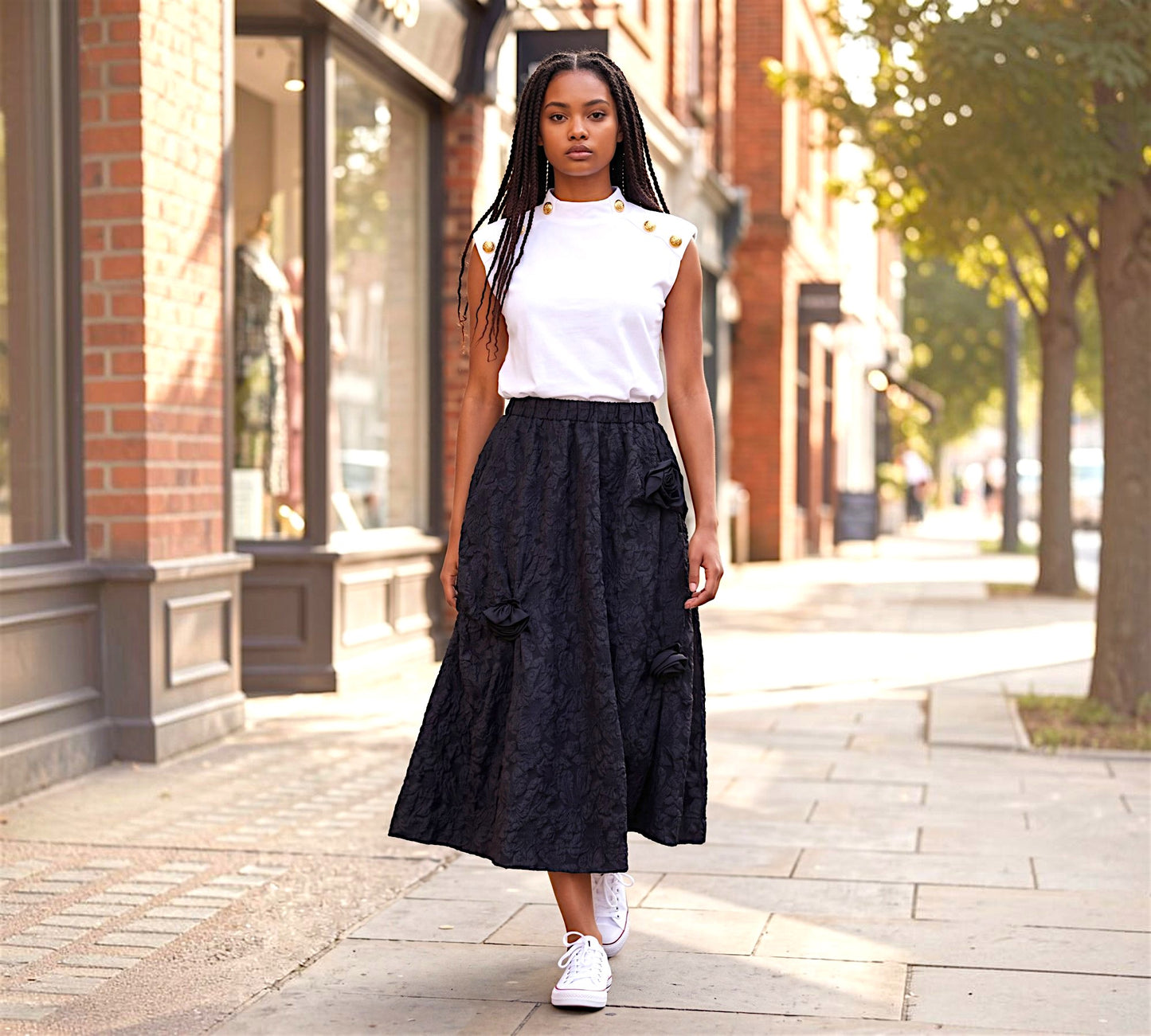 Black Textured Maxi Skirt with Floral Accents - Elegant European Style | Above The Crowd Boutique
