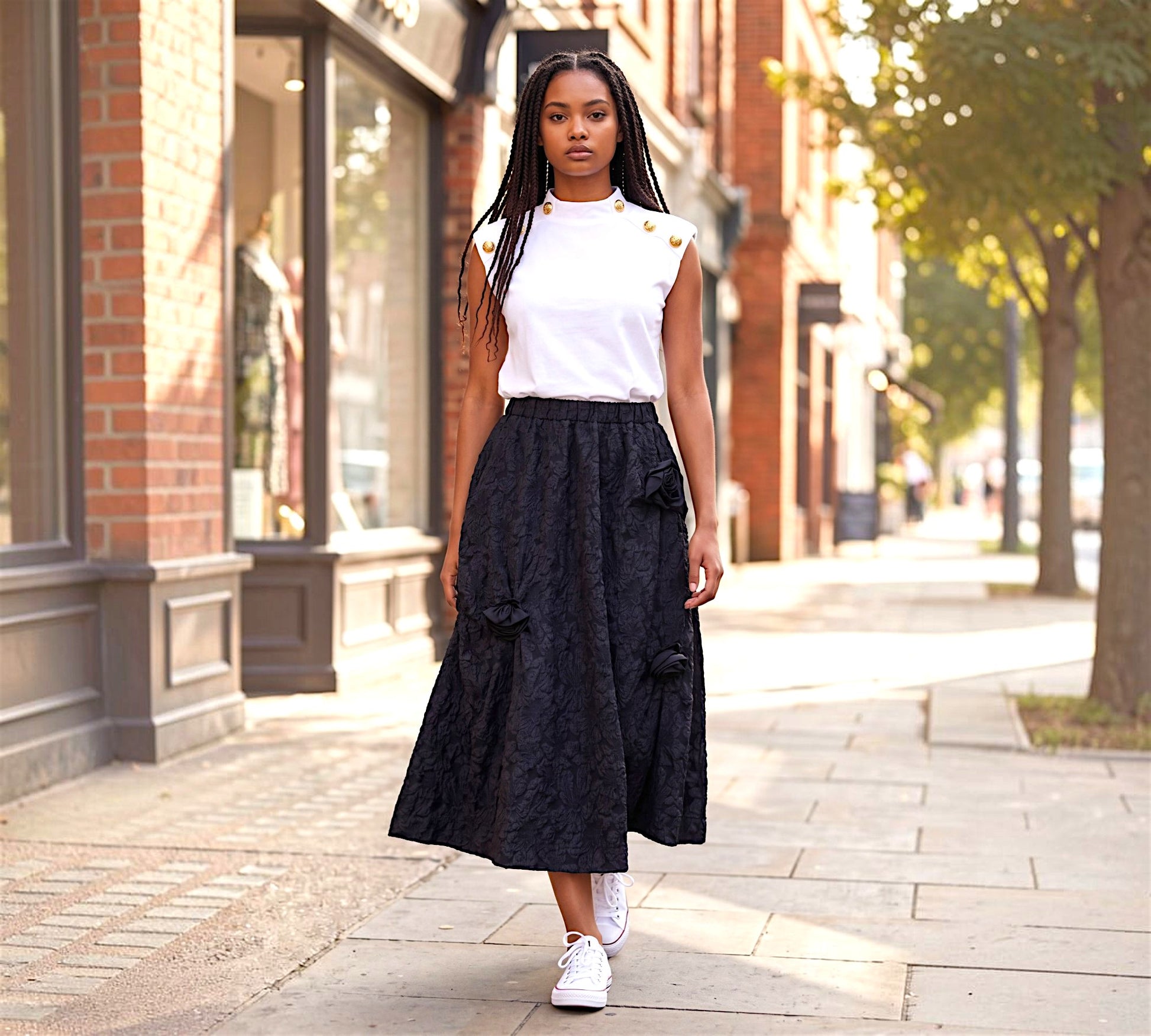 Black Textured Maxi Skirt with Floral Accents - Elegant European Style | Above The Crowd Boutique