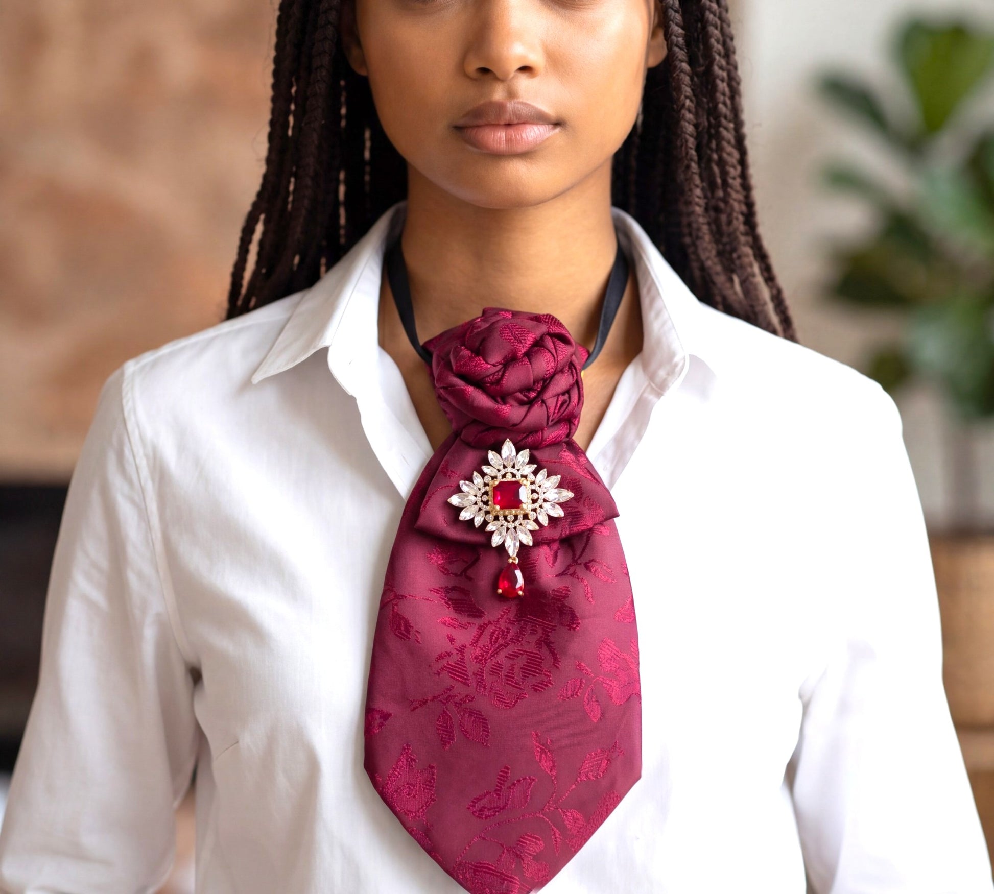 Burgundy Floral Statement Necktie for Women