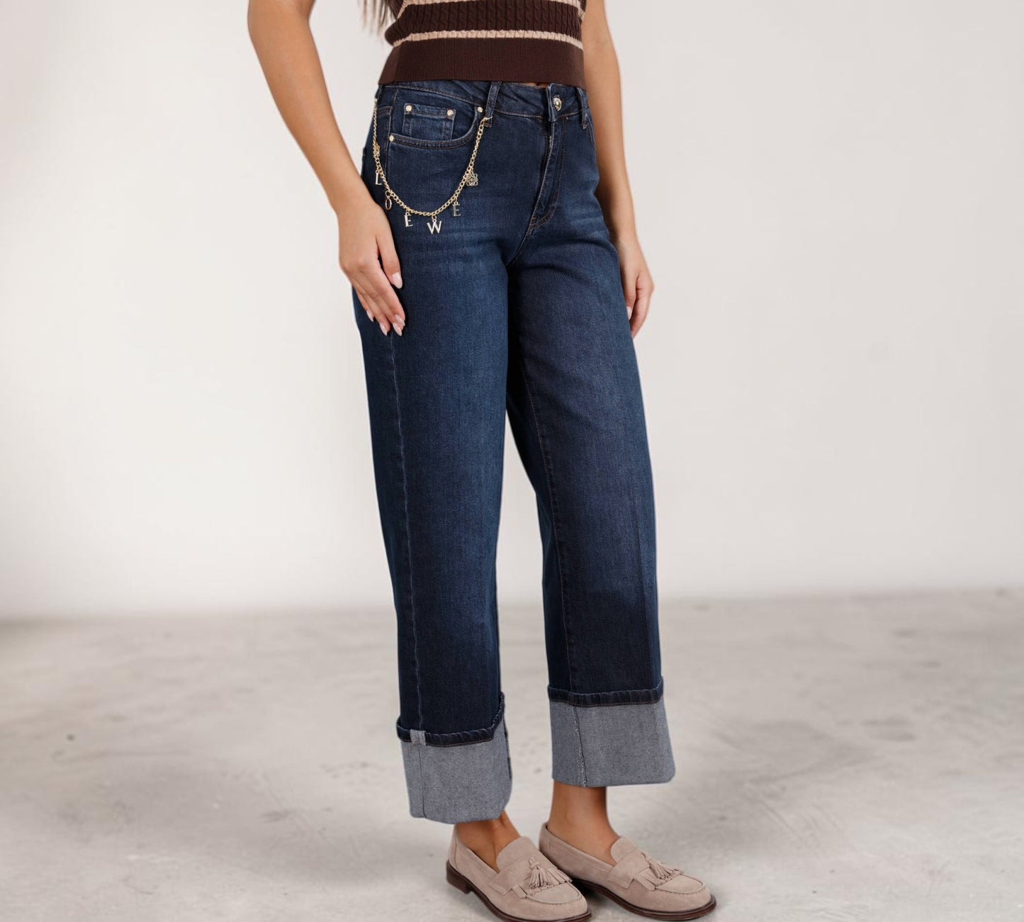 Dark-Wash Wide-Leg Cuffed Jeans with Charm Chain Detail - Above the Crowd Boutique