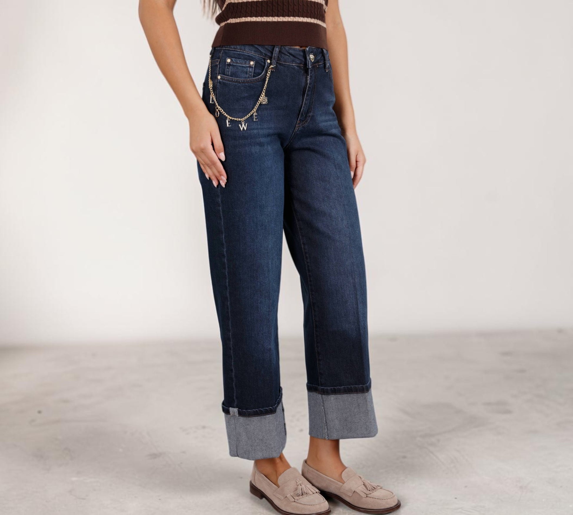 Dark-Wash Wide-Leg Cuffed Jeans with Charm Chain Detail - Above the Crowd Boutique