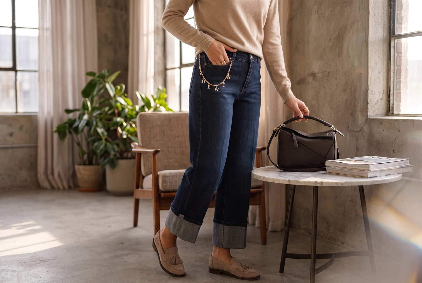 Dark-Wash Wide-Leg Cuffed Jeans with Charm Chain Detail - Above the Crowd Boutique