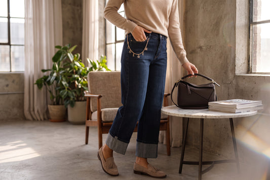 Dark-Wash Wide-Leg Cuffed Jeans with Charm Chain Detail - Above the Crowd Boutique