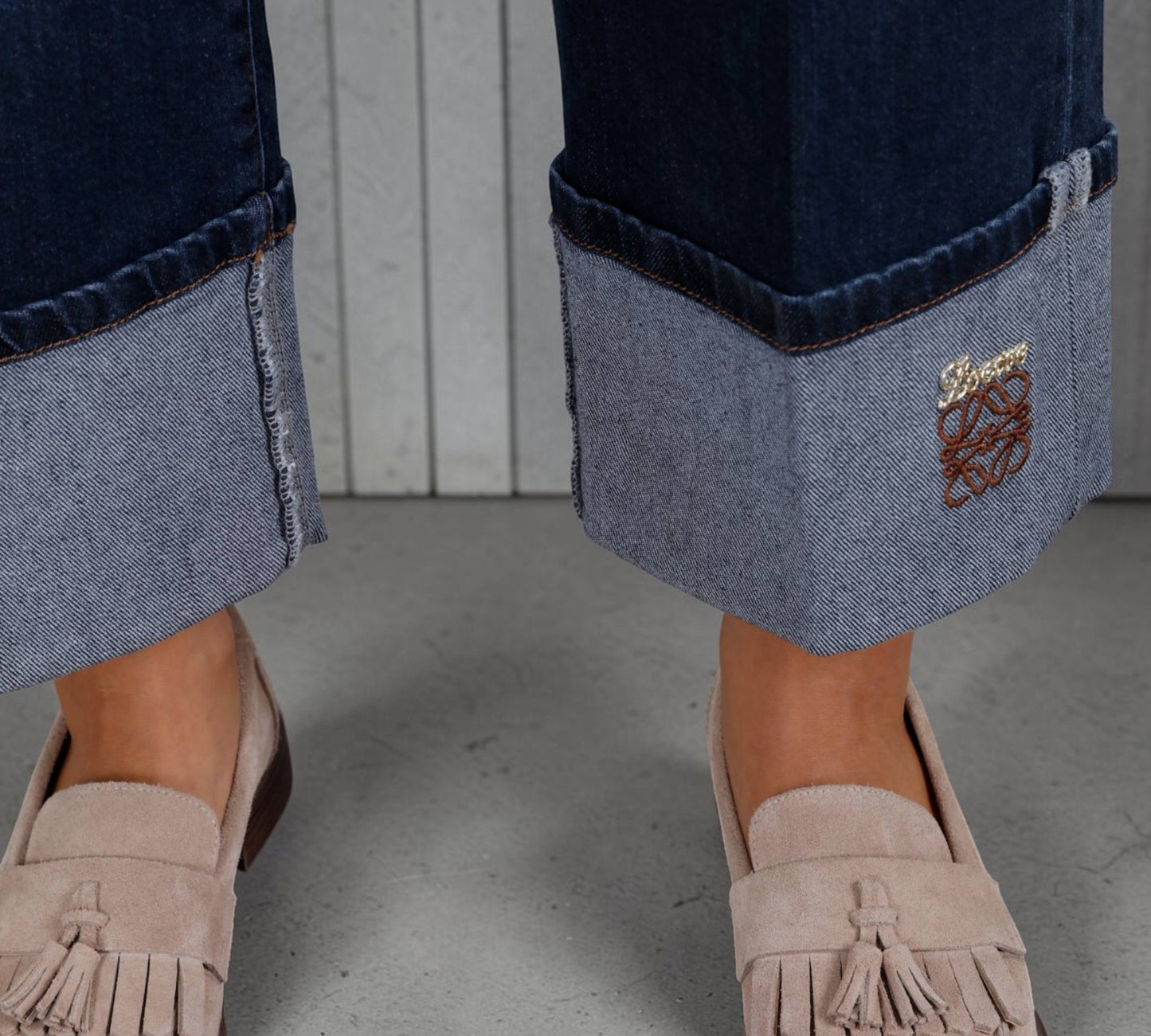 Dark-Wash Wide-Leg Cuffed Jeans with Charm Chain Detail - Above the Crowd Boutique