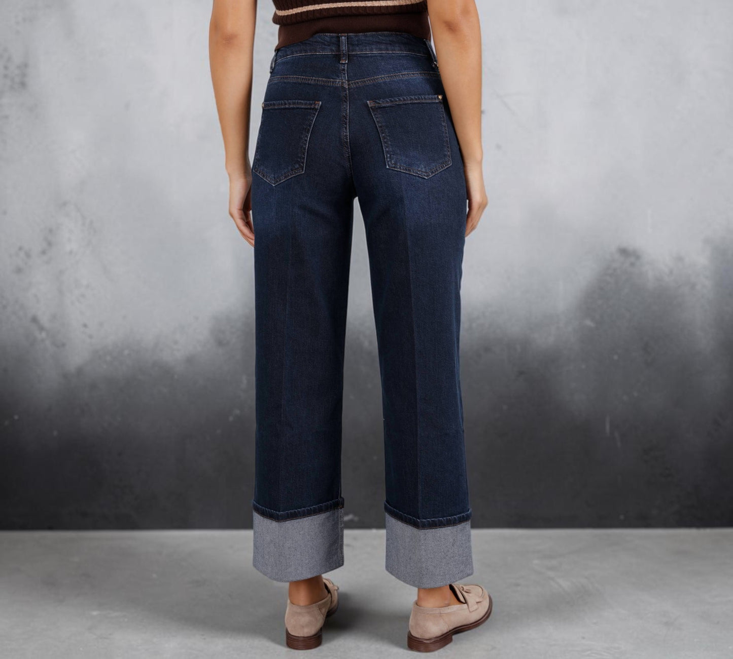Dark-Wash Wide-Leg Cuffed Jeans with Charm Chain Detail - Above the Crowd Boutique