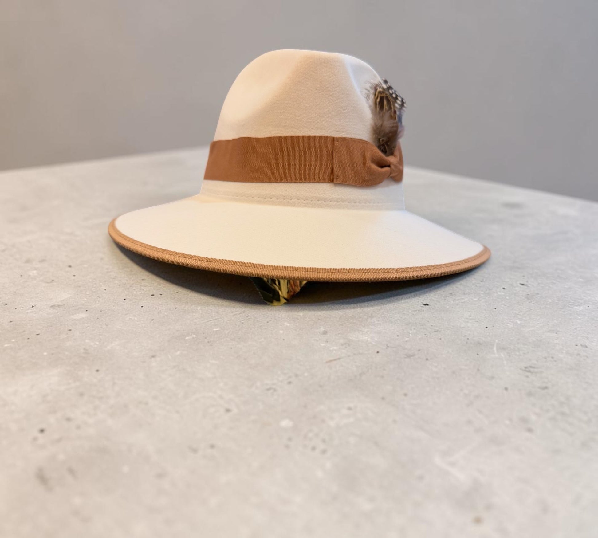 Off-White Feather Trim Fedora Hat with Camel Band - Above the Crowd Boutique