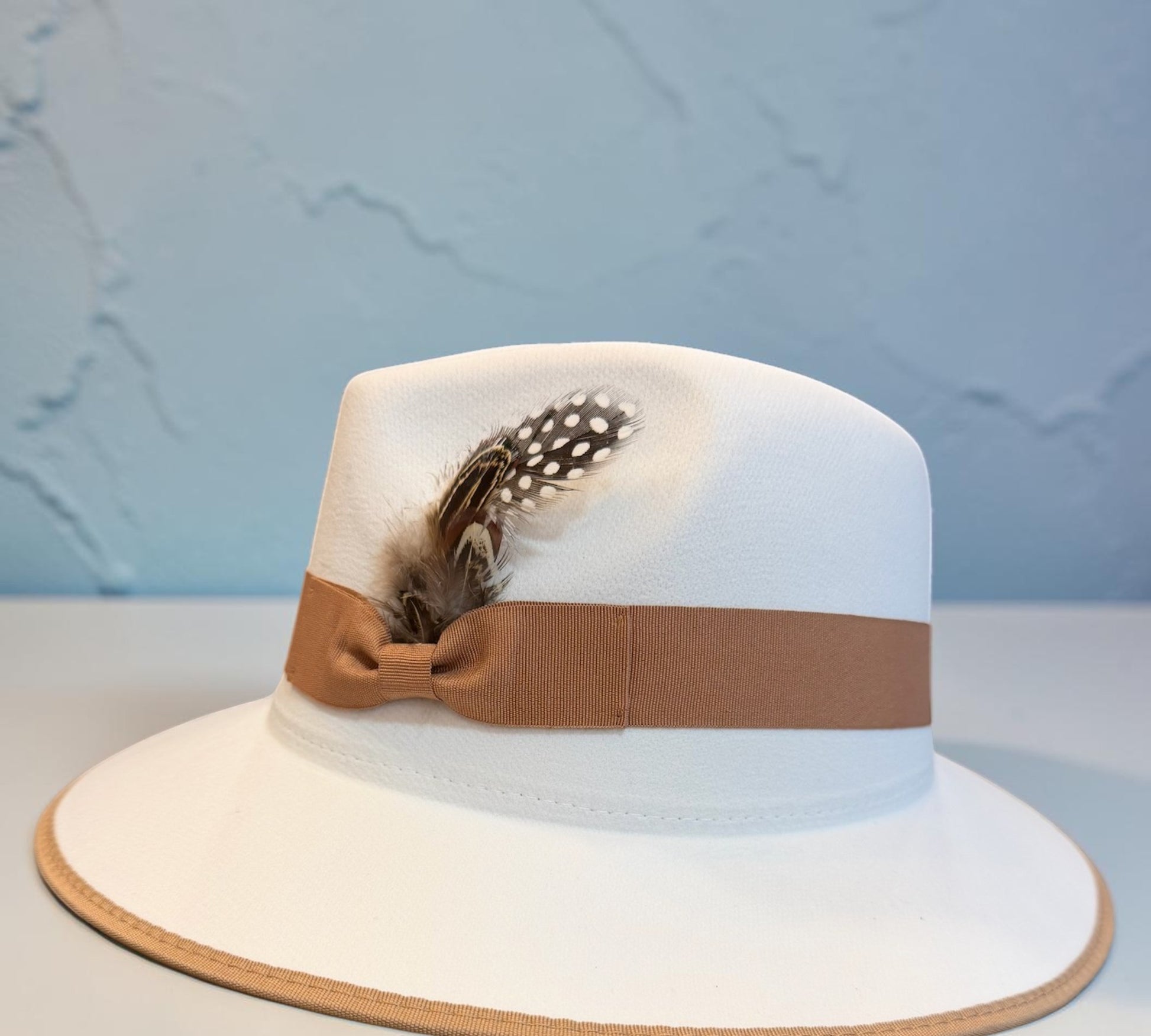 Off-White Feather Trim Fedora Hat with Camel Band - Above the Crowd Boutique