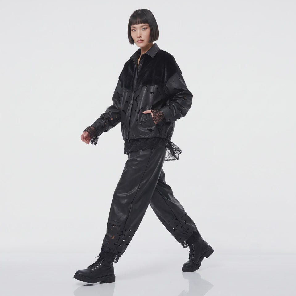 Black Distressed Faux Leather Barrel-Leg Pants with Cutout And Lace Detail Above the Crowd Boutique