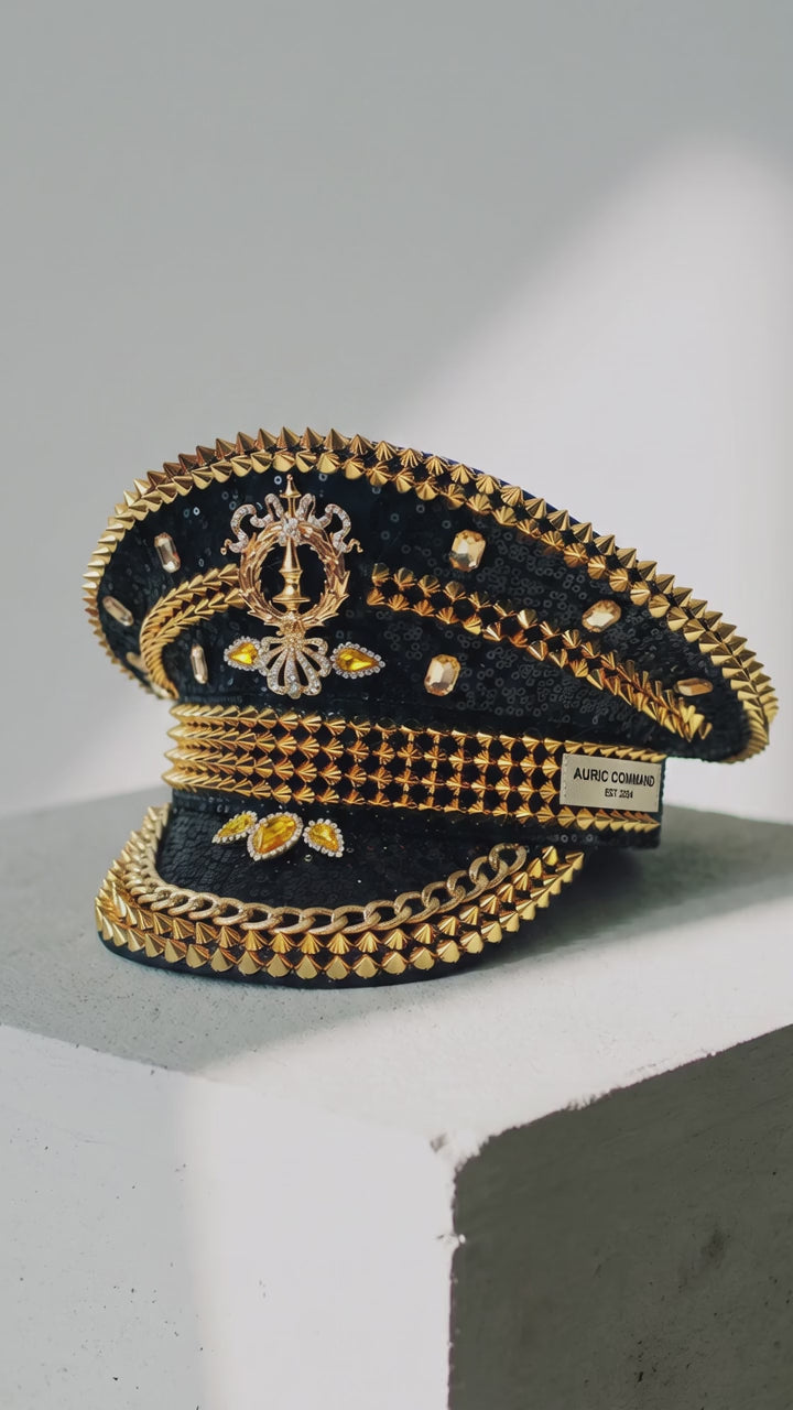 Black & Gold Embellished Military Captain Hat - Above the Crowd Boutique