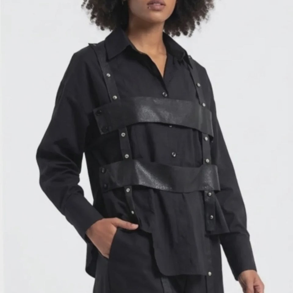 Black Harness-Detail Button-Down Shirt - Above the Crowd Boutique