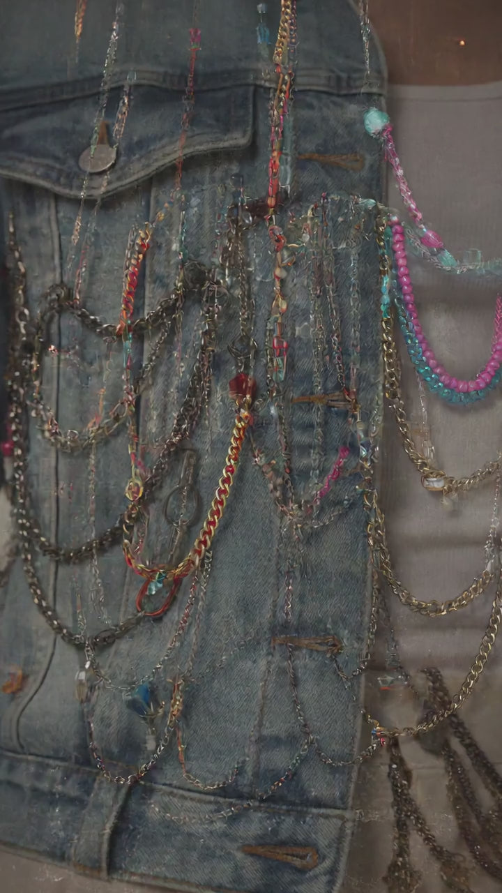 Embellished Denim Jacket with Layered Chain Detail - Above the Crowd Boutique