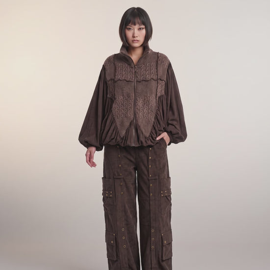 Mixed-Media Cable Knit Zip-Front Balloon Jacket - Above the Crowd Boutique