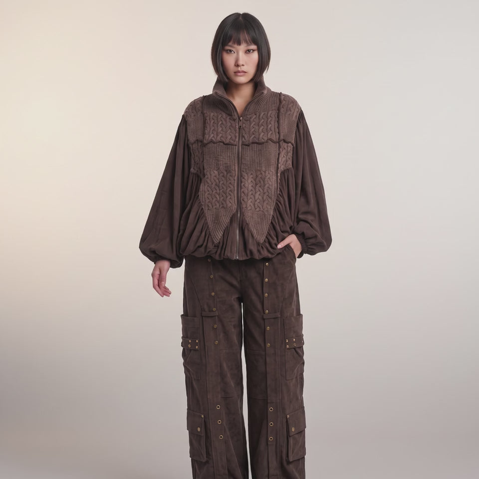 Mixed-Media Cable Knit Zip-Front Balloon Jacket - Above the Crowd Boutique