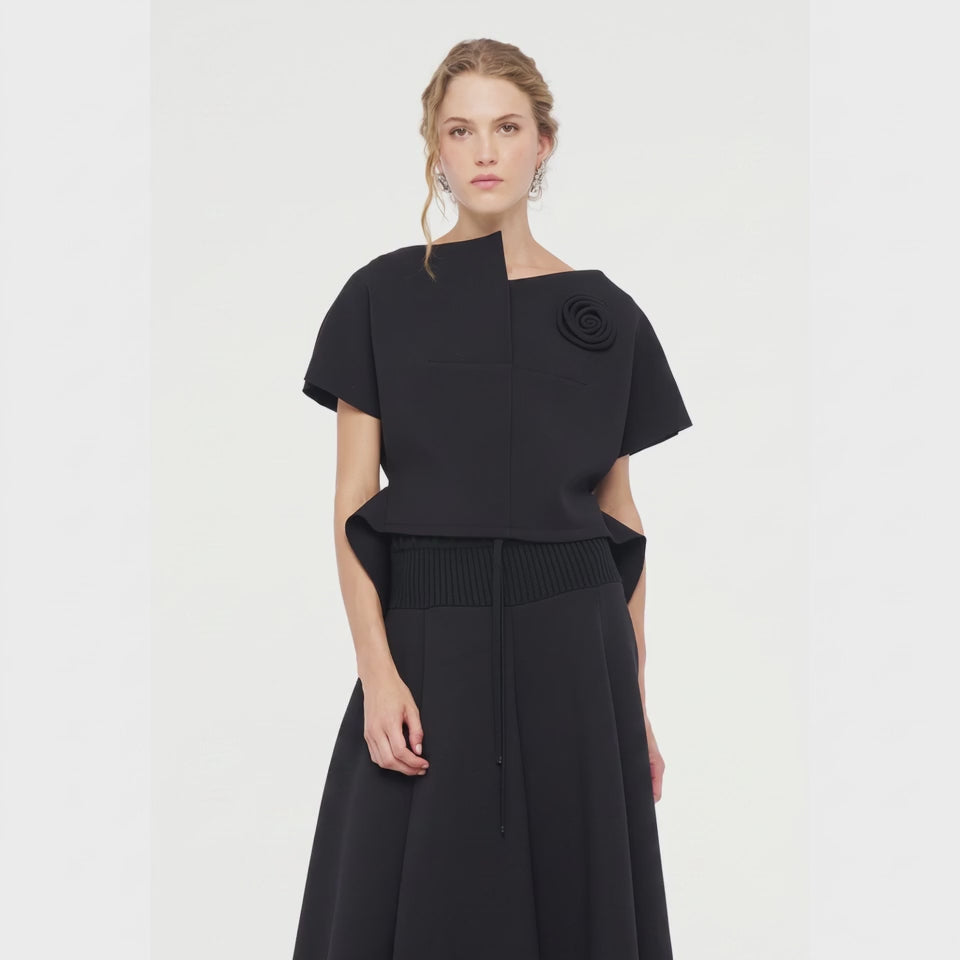 Sculptural Asymmetric Rose Appliqué Top - Above the Crowd Boutique