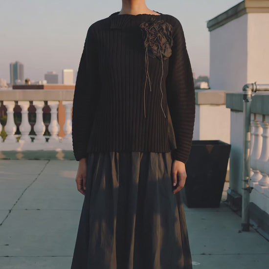 Black Ribbed Mixed-Media Statement Sweater with Textured Floral Appliqué - Above the Crowd Boutique