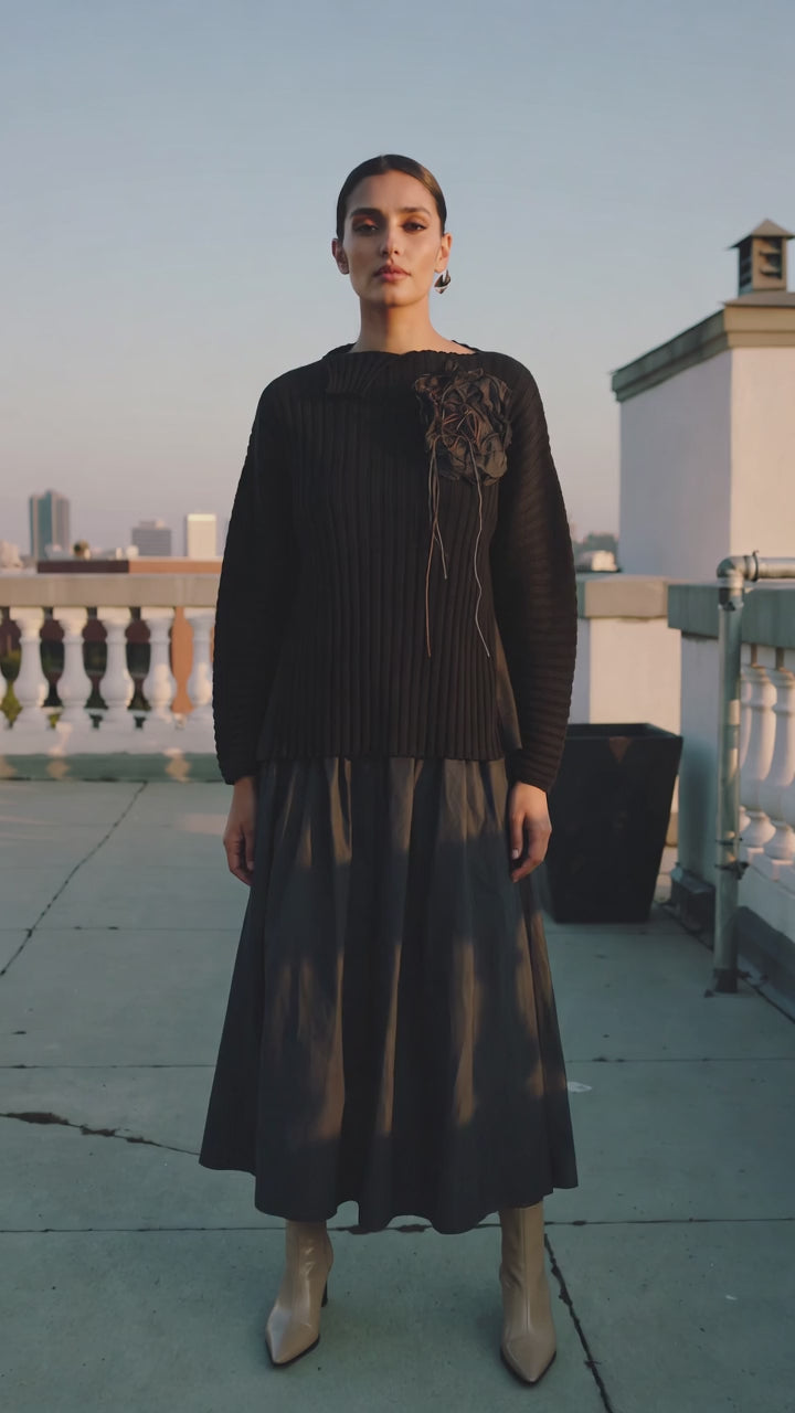 Black Ribbed Mixed-Media Statement Sweater with Textured Floral Appliqué - Above the Crowd Boutique