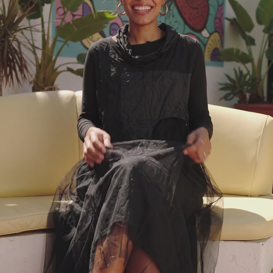 Black Two-Layer Crinkle & Sheer Tulle Maxi Dress - Above the Crowd Boutique