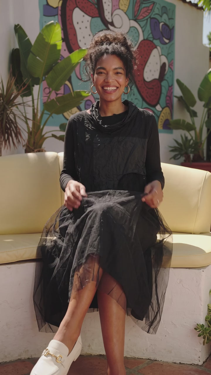 Black Two-Layer Crinkle & Sheer Tulle Maxi Dress - Above the Crowd Boutique