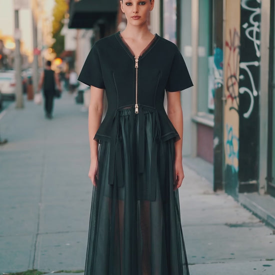 Black Architectural Zip-Front Peplum Top with Sheer Tulle Detail - Above the Crowd Boutique