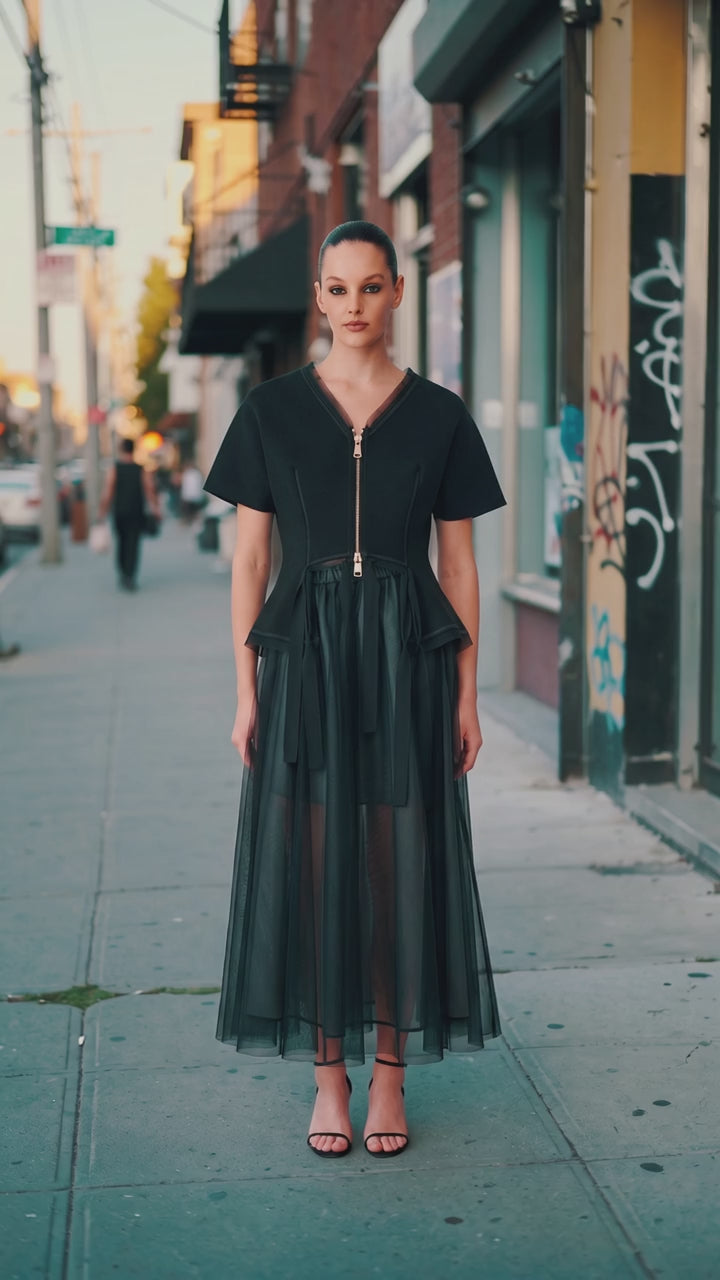 Black Architectural Zip-Front Peplum Top with Sheer Tulle Detail - Above the Crowd Boutique