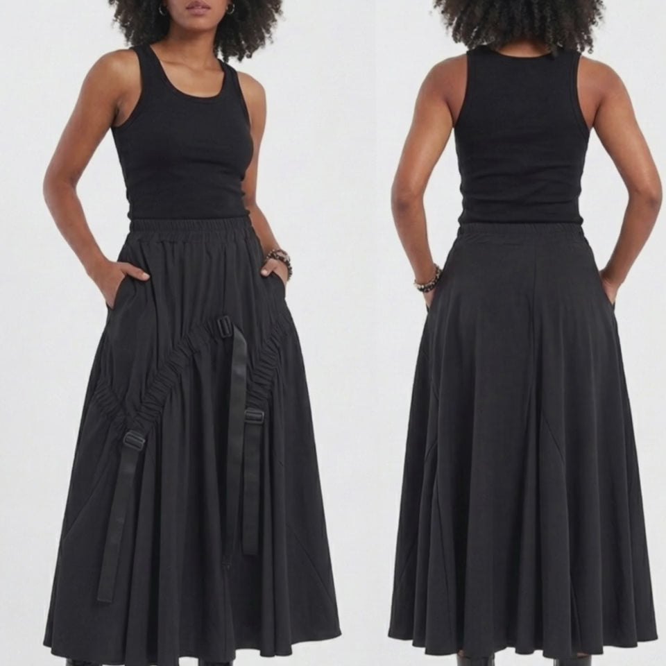 Black Utility Strap Detail Full Midi Skirt -  Above the Crowd Boutique