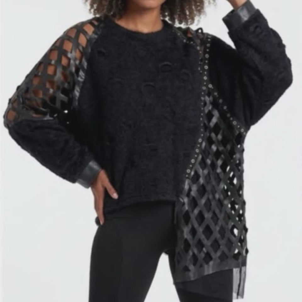 Black Mixed-Texture Lattice Panel Statement Sweater - Above the. Crowd Boutique