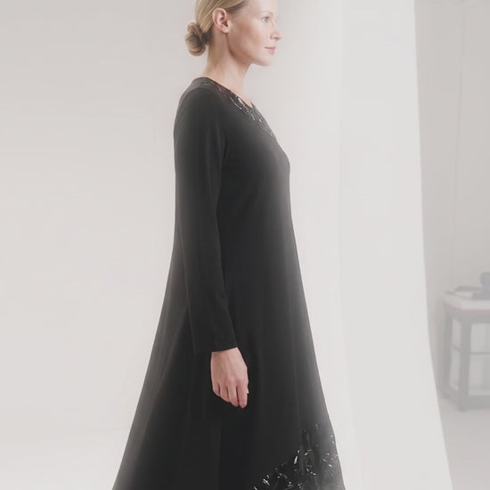 Black Asymmetrical Midi Dress with Glossy Textured Trim - Above the Crowd Boutique
