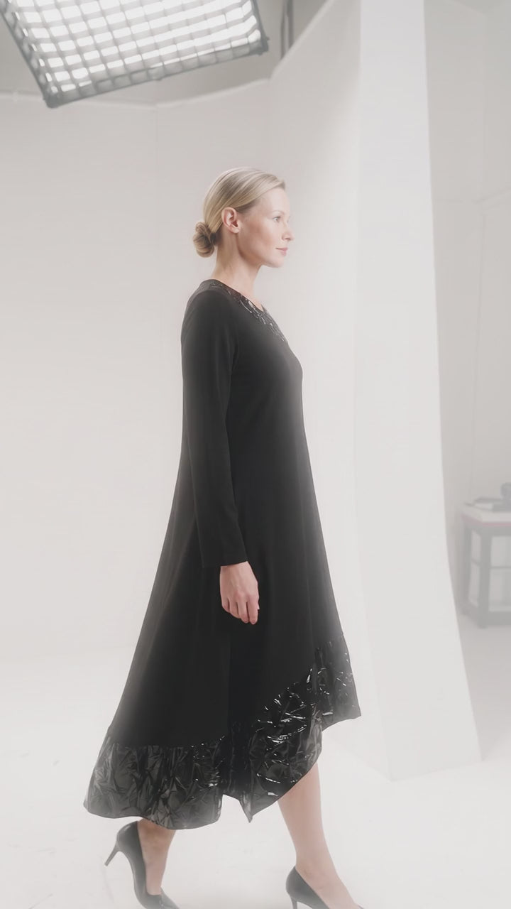 Black Asymmetrical Midi Dress with Glossy Textured Trim - Above the Crowd Boutique