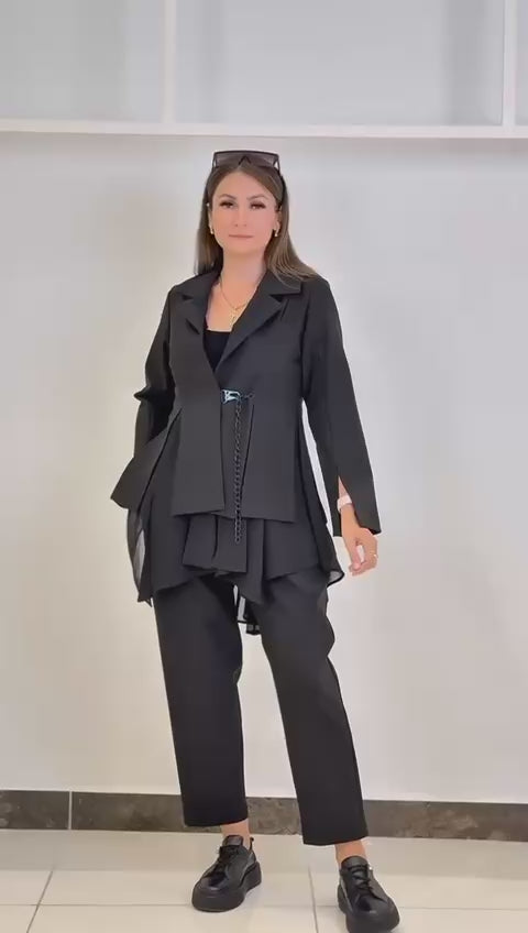 European Black Tailored Blazer with Chic Chain Detail by Bize