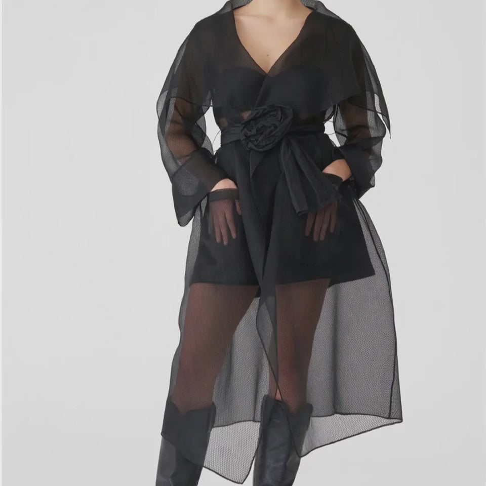 Black Sheer Mesh Long Kimono with Floral Sash - Above the Crowd Boutique