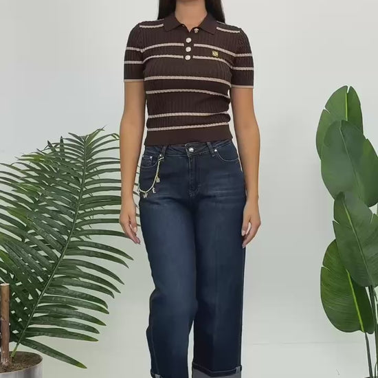 Dark Indigo Wide-Leg Cuffed Jeans with Gold-Tone Charm Chain - Above the Crowd Boutique