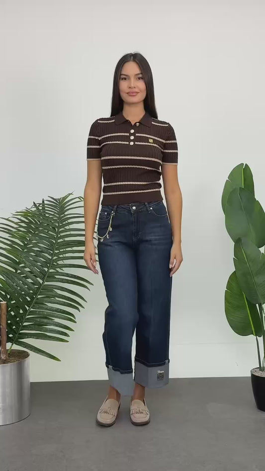 Dark Indigo Wide-Leg Cuffed Jeans with Gold-Tone Charm Chain - Above the Crowd Boutique