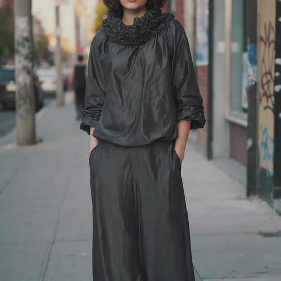 Black Sculptural Ruffle Collar Statement Blouse - Above the Crowd Boutique