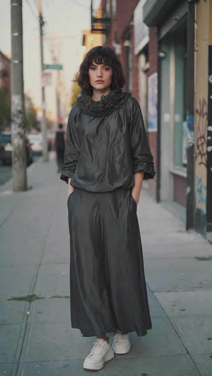 Black Sculptural Ruffle Collar Statement Blouse - Above the Crowd Boutique